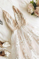 Charm A-Line V-Neck Homecoming Dress with Lace Appliques